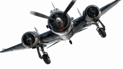 A World War II airplane with propelling engines, flying in the air against a white background, viewed from above in high resolution photographic style, with a hyper realistic and cinematic light, depicted with hyper detailed style.