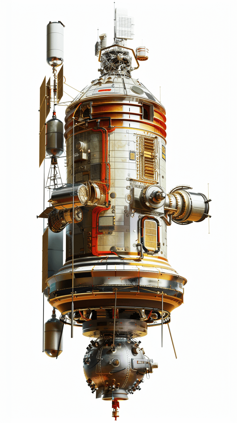 Soviet space station, with realistic details on a white background and no shadows on the ground, featuring hyperrealistic and highly detailed structures of an alien planet with many components such as engine parts, pipes, wires, and round glass windows. The image has high resolution, quality, detail, contrast, and was professionally photographed in the retrofuturistic and hyperdetailed style of Octane render.