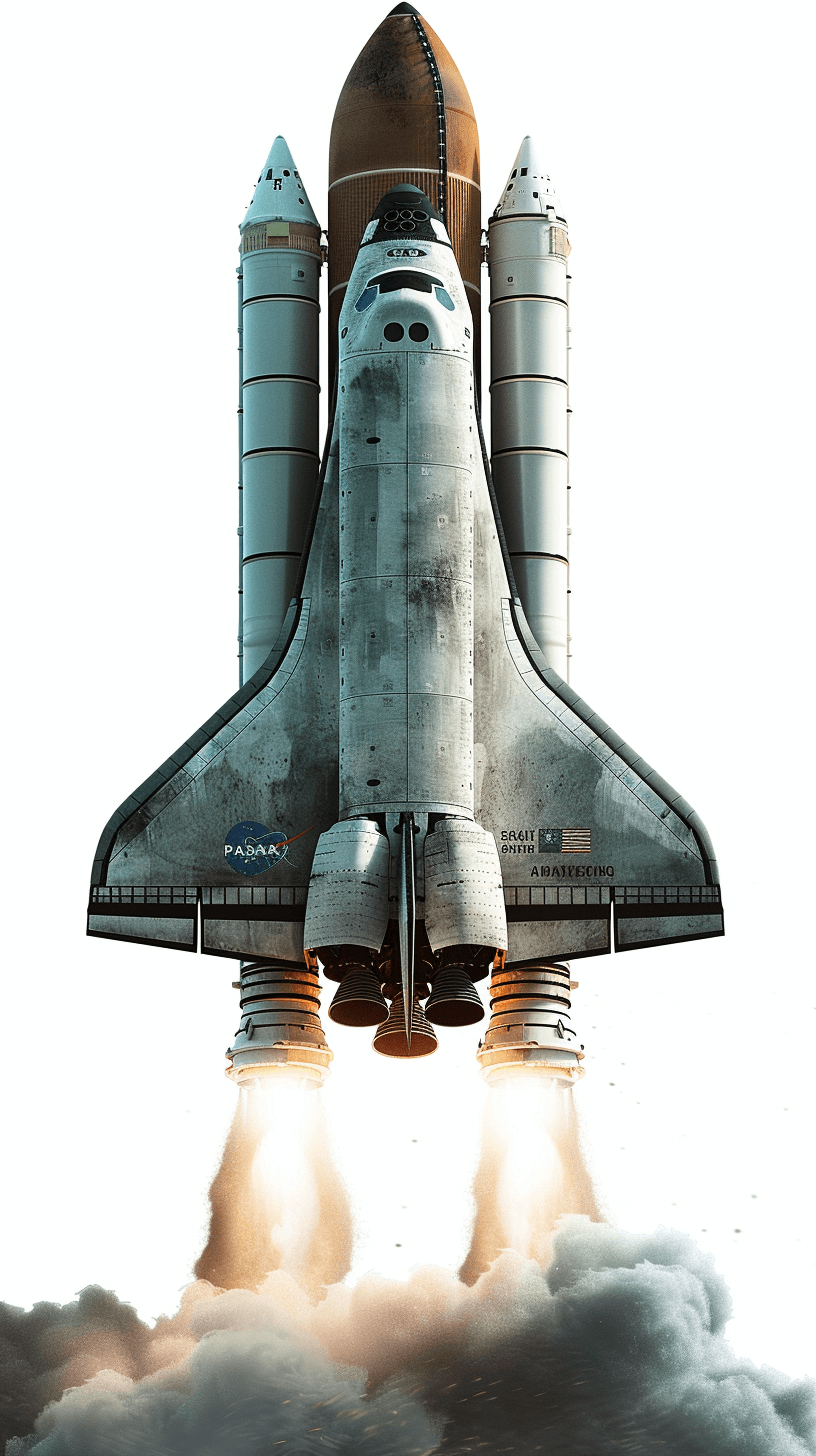 realistic digital illustration of space shuttle taking off, white background, high resolution photography