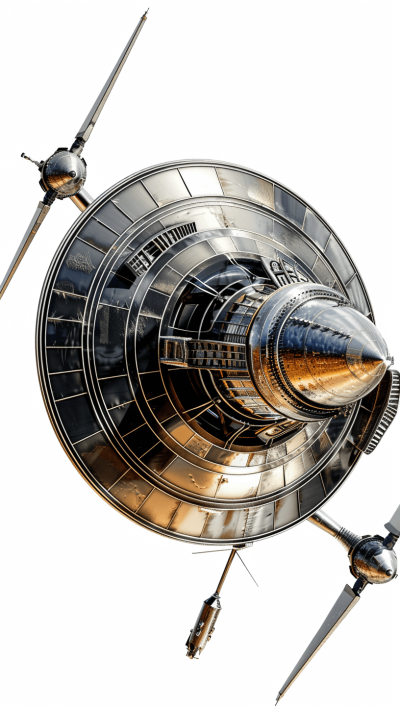 A hyperrealistic digital art of an interstellar spacecraft, featuring the engine's center with its circular structure and three winglike open tubes extending from it towards different directions. The focus is on intricate details such as metallic textures, light reflections, and subtle gradients that give depth to each element in high resolution, isolated white background