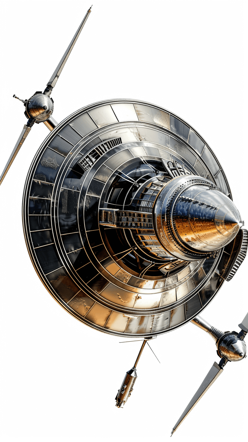 A hyperrealistic digital art of an interstellar spacecraft, featuring the engine’s center with its circular structure and three winglike open tubes extending from it towards different directions. The focus is on intricate details such as metallic textures, light reflections, and subtle gradients that give depth to each element in high resolution, isolated white background