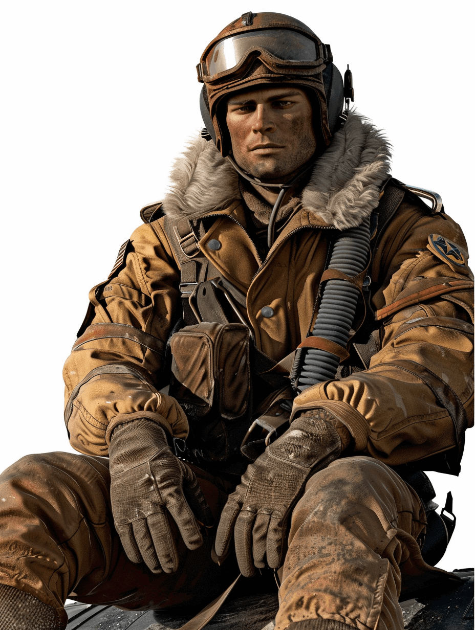 A male World War II bomber pilot in a brown winter jacket and gloves, sitting on the ground with his helmet off. The photo is isolated against a white background. In the style of photorealistic. Full body shot. Detailed facial features, realistic skin rendering of face details. A full-length portrait.