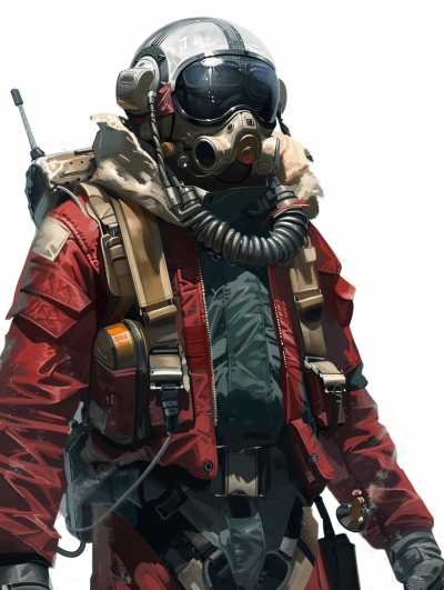 full body concept art of an apocalyptic pilot wearing a red and grey jacket, black goggles with a thick tube covering his nose, a dark gray helmet, white background, character design in the style of [Craig Mullins](https://goo.gl/search?artist%20Craig%20Mullins)