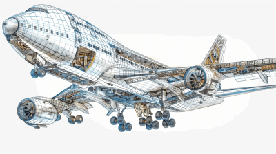 cutaway drawing of an airplane, white background, vector art style, 3d model, detailed illustrations, highly accurate anatomy, high resolution, very detailed illustration, high detail, masterpiece, high definition, high quality, high resolution, high sharpness, high contrast, high color depth, white and blue theme,