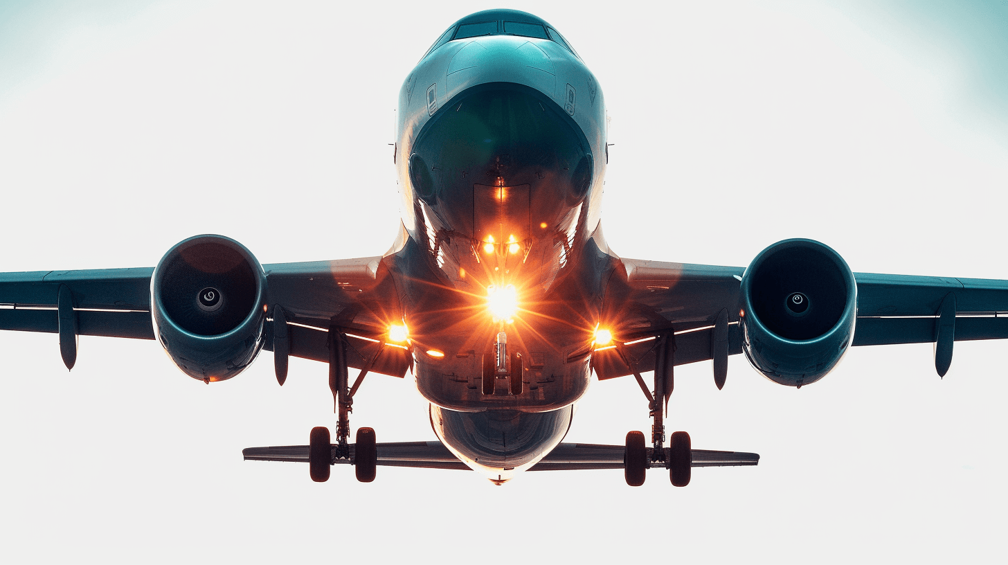 low angle photo of airplane landing, lights on plane shining through the white sky, blue and teal color palette, cinematic, front view