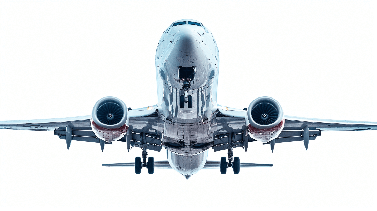 A commercial airplane from the front, flying in white background, high resolution photography, professional color grading, soft shadows, no contrast, clean sharp focus, isolated on white background