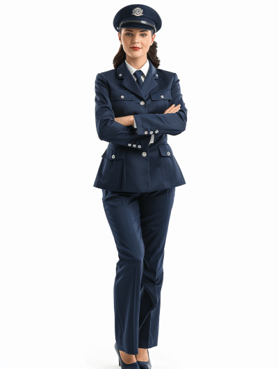 full body shot of a beautiful woman in a navy blue flight attendant uniform, with her hands crossed in a pose, it is a professional photography with a white background, a full length portrait with studio lighting, high resolution with realistic skin details, detailed hair and facial features, detailed , professional color grading with a professional photo composition, photorealistic with sharp focus and high detail.