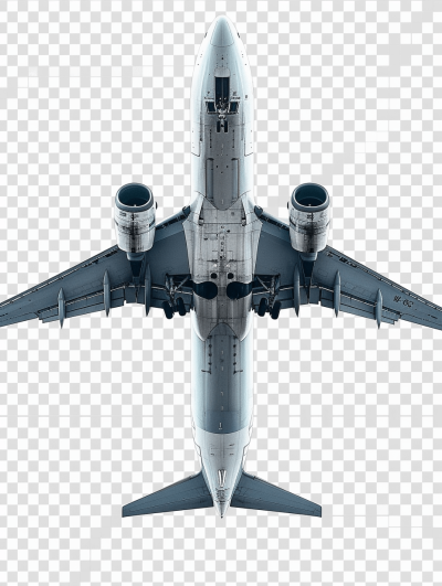 A complete large airplane with wings in a top view, with a transparent background, in PNG format, with high resolution, in a hyper realistic style.