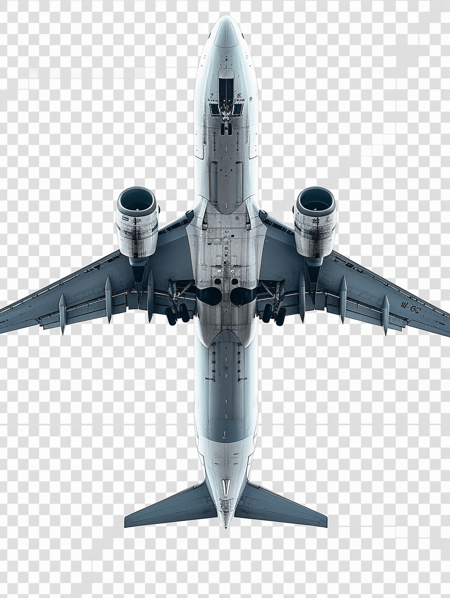 A complete large airplane with wings in a top view, with a transparent background, in PNG format, with high resolution, in a hyper realistic style.