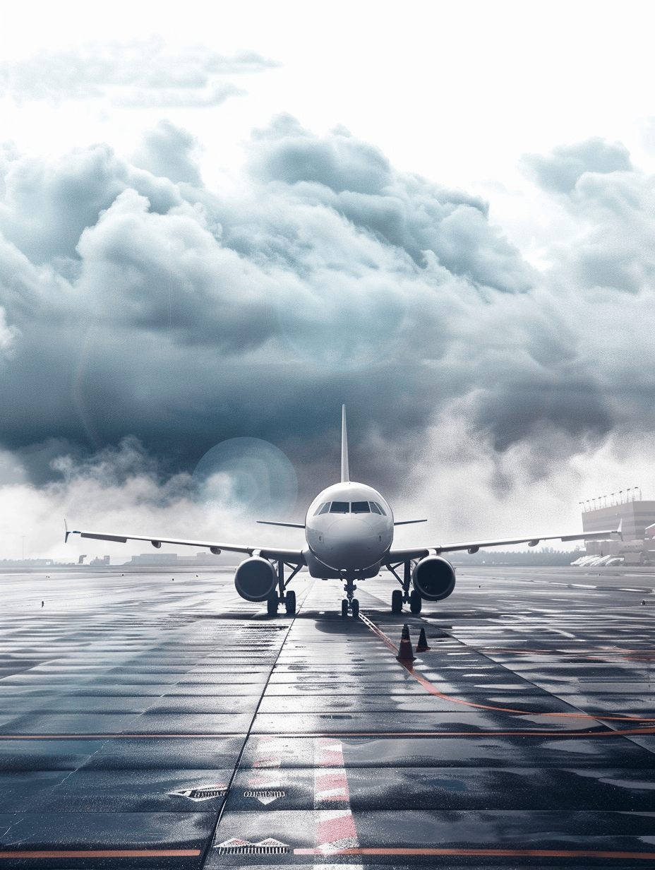 A white airplane is parked on the airport runway, surrounded by dark clouds and misty rain in the sky. The perspective of the photography captures an overhead view with high resolution and high details. A wide-angle lens showcases a magnificent scene, creating an atmosphere full of mystery. The style captures the scene in the style of mystery.