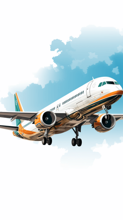 vector illustration of an airplane flying in the sky, white background, light orange and dark teal color palette, sharp focus, high resolution. The illustration is in the style of HDR.