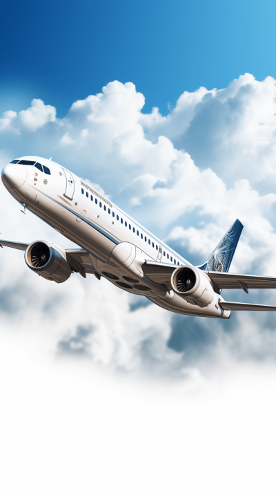 Realistic shot of an airplane flying in the sky with white clouds, showing off its blue and silver livery, against a clear background. The plane is depicted as a sleek commercial jet in the style of VECTORStroke, a new brand that flies from LAX to another destination, with spectral lighting for an ultra realistic effect.