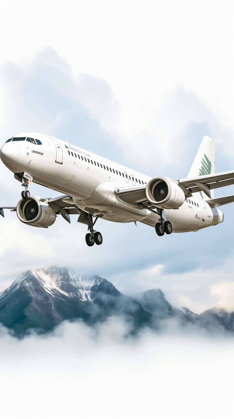 A white A320 airplane with green logos flies over the mountains against a white background, depicted in the style of vector graphics. The photograph features photorealistic, high resolution photography with high quality and high detail for a super realistic and super detailed rendering. The image was rendered with octane at 8k resolution.