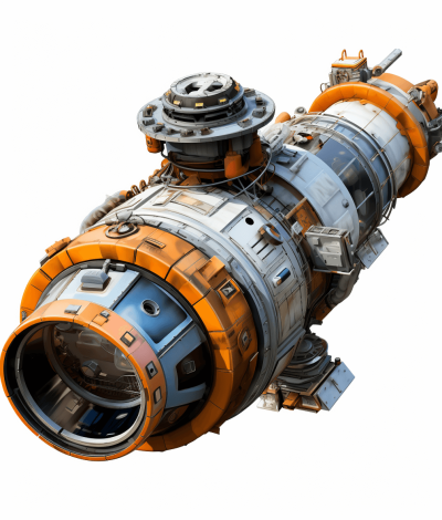 A spaceship engine with an orange and silver color scheme on a white background in an isometric view, concept art in the style of [Ross Tran](https://goo.gl/search?artist%20Ross%20Tran), clean design with unreal detail