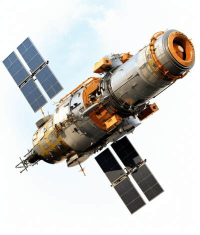 a realistic photography of an old russian space station with solar panels flying in the sky, isolated on white background,