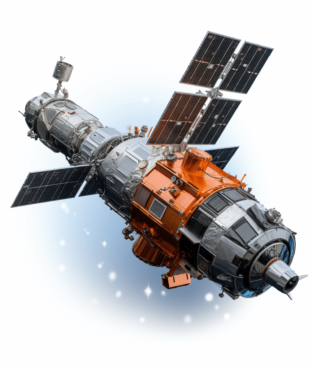 A realistic illustration of the Russian space station on a white background, in a vector style, as a 3D rendering, with an orange and black color scheme, as a transparent PNG, at a high resolution, of high quality, with high detail, and in sharp focus, in the style of a professional photograph, on a white background, isolated on an all white background.