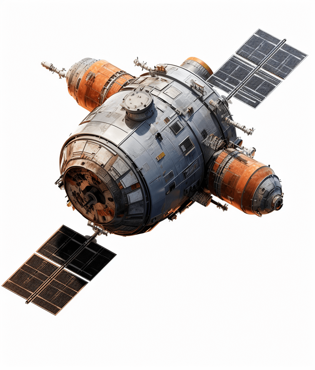 Stylized Russian space station, transparent background PNG cutout, ultrarealistic digital illustration in the style of high resolution