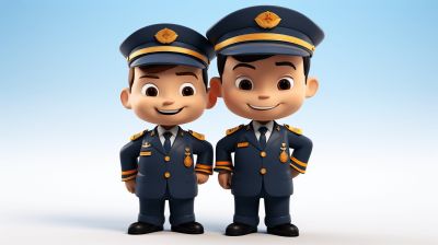 Two Chinese police officers, cartoon characters, with cute and handsome expressions, wearing blue uniforms with gold trim on the shoulders, smiling faces, standing side by side, full body portrait, solid color background, 3D rendered, high definition, in the style of cartoon, front view, high resolution, high detail.