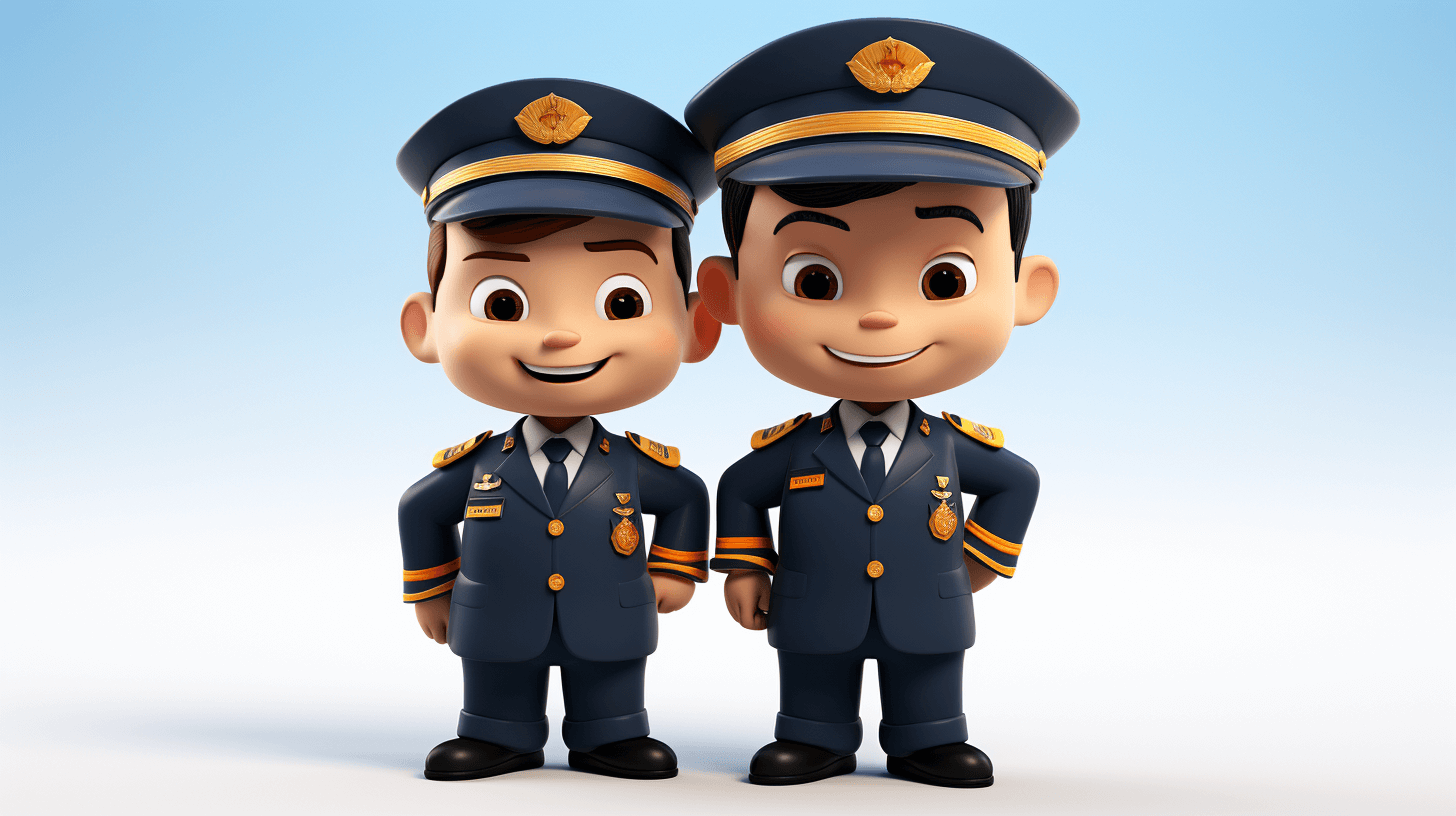 Two Chinese police officers, cartoon characters, with cute and handsome expressions, wearing blue uniforms with gold trim on the shoulders, smiling faces, standing side by side, full body portrait, solid color background, 3D rendered, high definition, in the style of cartoon, front view, high resolution, high detail.