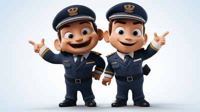 3D cartoon of two happy smiling air transport police officers in uniform pointing fingers at each other, in the style of Pixar. Character design sheet with concept art of characters on a white background with no shadows on the ground.