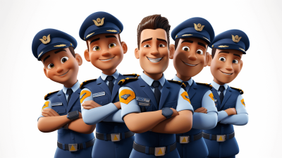 5 happy male cartoon characters in blue pilot uniforms, white background, in the style of Pixar.