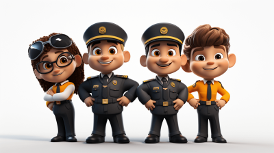 4 cute cartoon characters, a male and female flight crew wearing black or yellow uniforms with white hats standing in front of each other smiling at camera, one is a short brown haired woman with glasses and a tall curly dark blonde haired man on both sides of the group, all characters look like in the style of Pixar animation, isolated on a solid white background, 3d rendered.