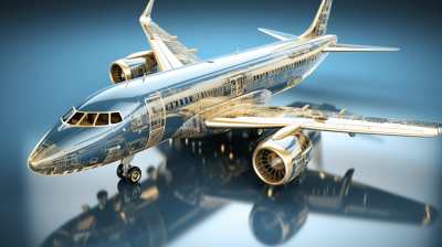 3d rendering of an airplane with holographic blue and gold details on the background. The plane is made from transparent glass, showcasing its internal structure and mechanical components such as engines, wings, flight control system, windows, seats, and more. It stands against a simple gradient background that enhances the focus on light refraction effects in the air containing reflections and highlights.