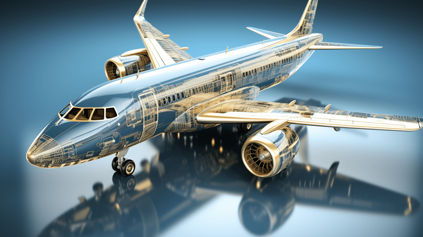 3d rendering of an airplane with holographic blue and gold details on the background. The plane is made from transparent glass, showcasing its internal structure and mechanical components such as engines, wings, flight control system, windows, seats, and more. It stands against a simple gradient background that enhances the focus on light refraction effects in the air containing reflections and highlights.