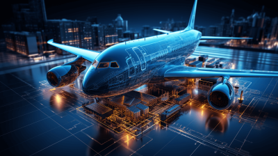 3D airplane with blue circuit board and digital lines on dark background, airplane being built in the style of a factory, airplane blueprint with a city skyline, technical drawing of an airbus A209, futuristic airplane design concept.