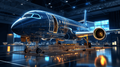 3D rendering of an airplane being assembled in the factory, with blue and gold color scheme, glass materials, c4d style. The background is illuminated by bright lights and hightech elements. In front of it stands a large aircraft hologram, highlighting its complex structure and intricate details. This scene symbolizes modern technology's role in representing future air travel and transport systems. High resolution.