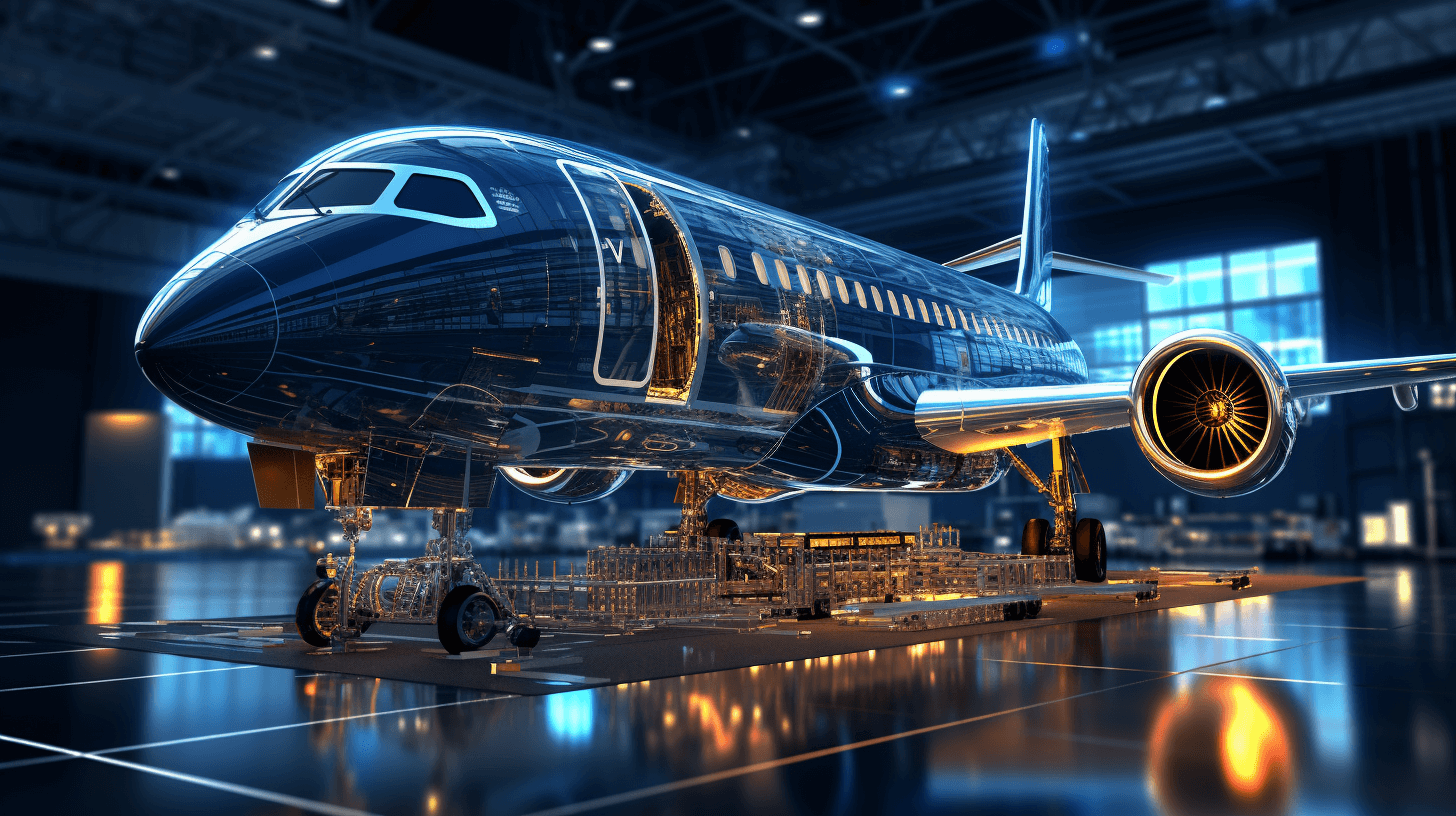 3D rendering of an airplane being assembled in the factory, with blue and gold color scheme, glass materials, c4d style. The background is illuminated by bright lights and hightech elements. In front of it stands a large aircraft hologram, highlighting its complex structure and intricate details. This scene symbolizes modern technology’s role in representing future air travel and transport systems. High resolution.