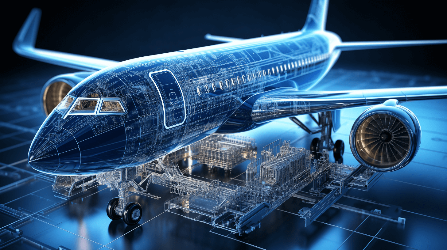 A blueprint of an airplane shows its engine and other parts visible, on top of which is placed the design for cargo loading. The background color should be a dark blue to highlight all details. Use high contrast lighting and 3D rendering techniques to make each element look realistic. This image will convey artificial intelligence technology in air transport in the style of realistic technical illustration.