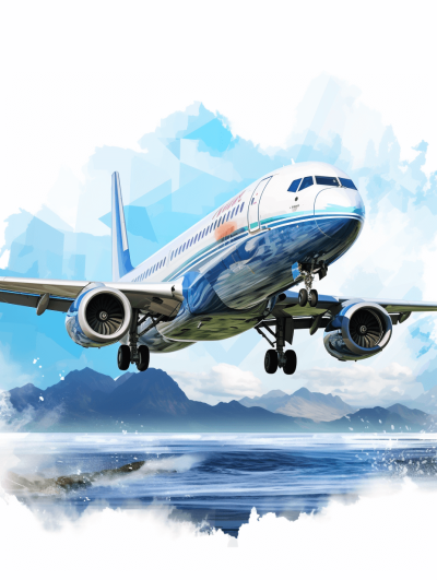 A white and blue colored A320 airplane is flying over the sea, with mountains in the background. The plane's engine has smoke coming out. It features watercolor textures, hand drawn style illustrations, simple backgrounds, vector graphics, geometric shapes, high resolution images, and high definition details. in the style of Chinese artists.