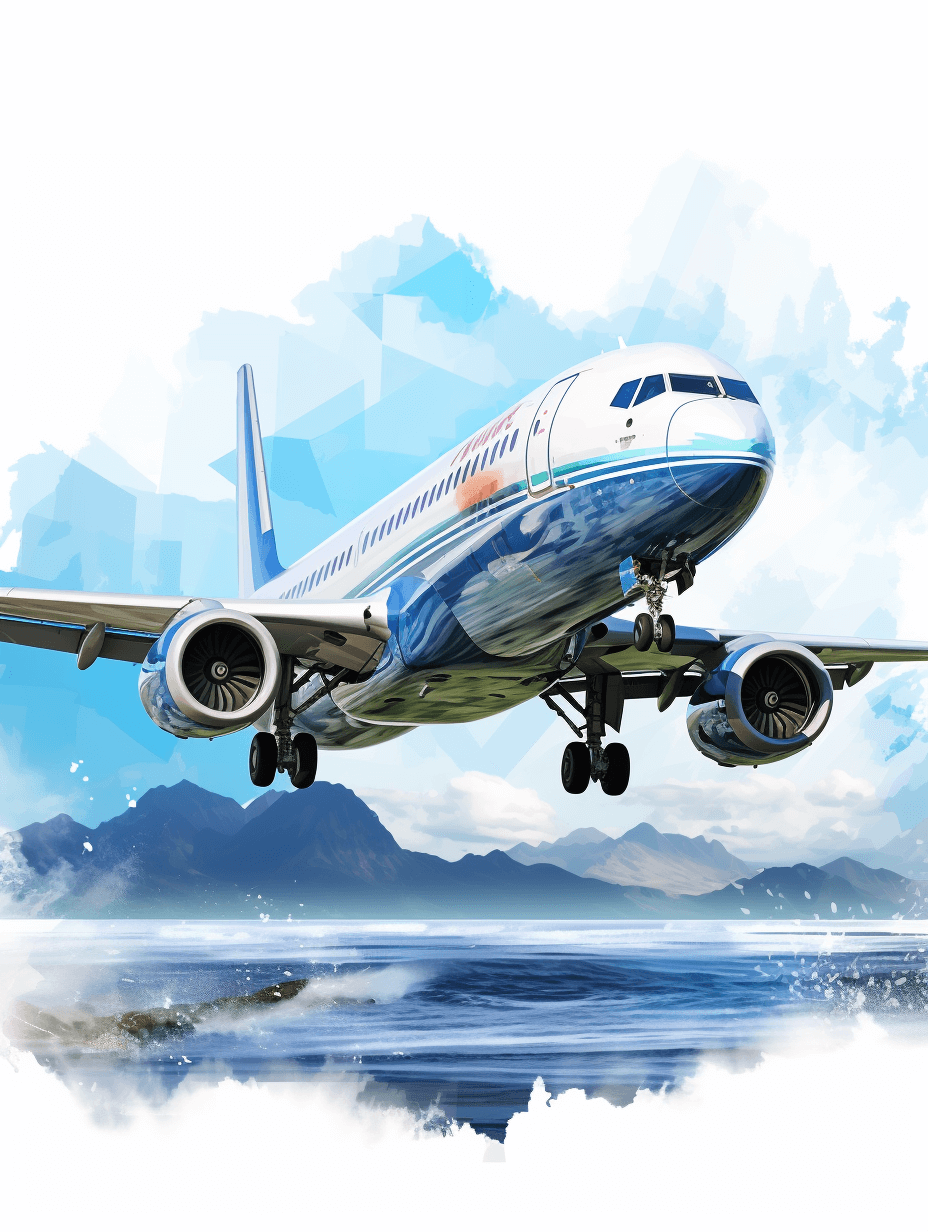 A white and blue colored A320 airplane is flying over the sea, with mountains in the background. The plane’s engine has smoke coming out. It features watercolor textures, hand drawn style illustrations, simple backgrounds, vector graphics, geometric shapes, high resolution images, and high definition details. in the style of Chinese artists.