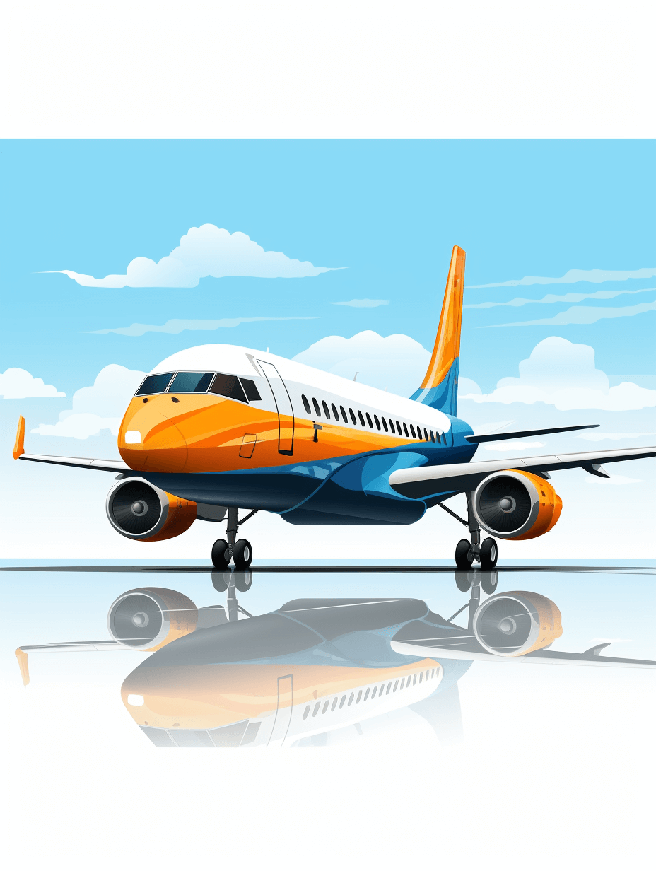 Vector illustration of an airplane in the style of cartoon with blue sky and white clouds in the background, orange tail color, white wings, gray runway surface with reflection, centered composition, high resolution, no text or letters, high detail, no blur