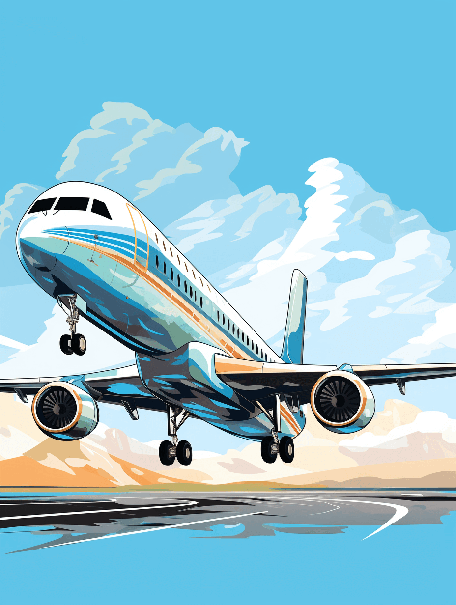 vector illustration of an airplane taking off, sky blue and light brown colors, cartoon style, low detail