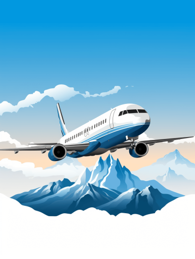 vector illustration of an airplane flying over mountains, blue and white color palette, sky background, cartoon style, low detail, no shadow on the plane body, no text in picture, high resolution vector