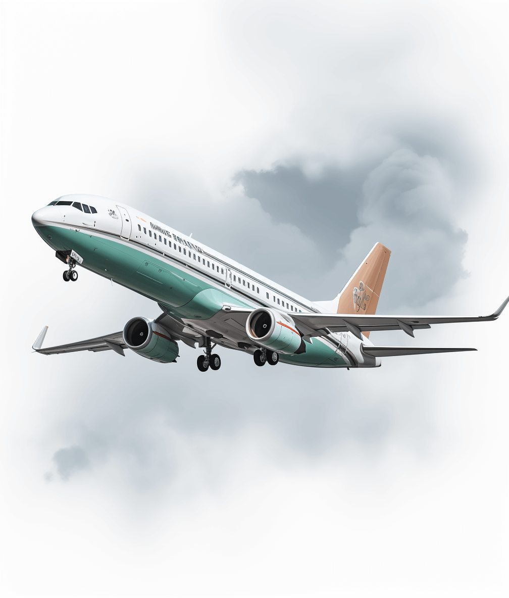 3d vector illustration of boeing airplane with white, green and brown livery flying in the sky, on isolated background, high resolution digital art