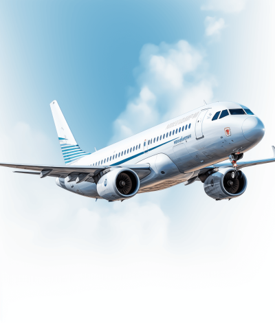 An illustration of a passenger plane flying in a blue sky with white clouds. The airplane is white and has light blue stripes on its sides, windows on each side of its body, two engines under wings, two thin tail fins, in the style of photorealistic, hyperrealism. It is professionally photographed, with high detail, high resolution, using a wide angle lens from a top view. It says "Startium Air" on both side wings.