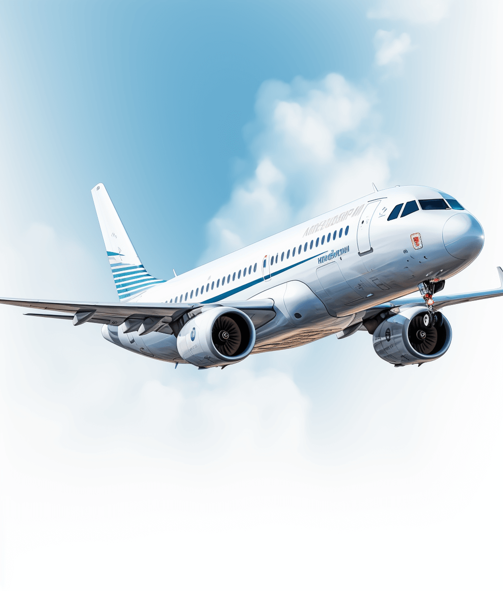 An illustration of a passenger plane flying in a blue sky with white clouds. The airplane is white and has light blue stripes on its sides, windows on each side of its body, two engines under wings, two thin tail fins, in the style of photorealistic, hyperrealism. It is professionally photographed, with high detail, high resolution, using a wide angle lens from a top view. It says “Startium Air” on both side wings.