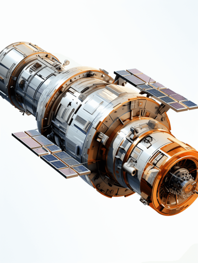 A realistic and detailed photo of an industrial space satellite against a white background, with orange and grey colours, from a side view angle, with photorealistic landscapes in the style of futuristic spacecraft designs, at a high resolution, with cinematic lighting, and being ultradetailed.