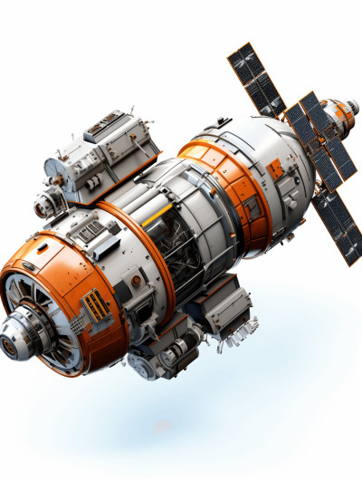 An ultrarealistic illustration of a space station with orange and white accents on its exterior, floating in weightlessness against a pure white background. The design should be highly detailed, showcasing intricate details such as solar panels, windows, control panels, and advanced technology elements in the style of Jabbage's innovation in his work. Ensure there is no text or inscription visible within the scene to maintain focus on architectural detail.