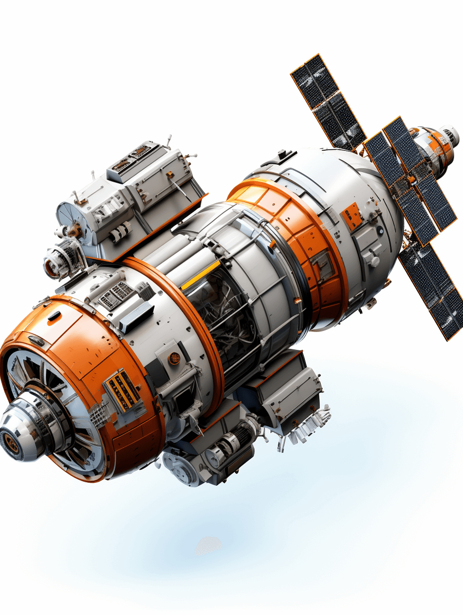 An ultrarealistic illustration of a space station with orange and white accents on its exterior, floating in weightlessness against a pure white background. The design should be highly detailed, showcasing intricate details such as solar panels, windows, control panels, and advanced technology elements in the style of Jabbage’s innovation in his work. Ensure there is no text or inscription visible within the scene to maintain focus on architectural detail.