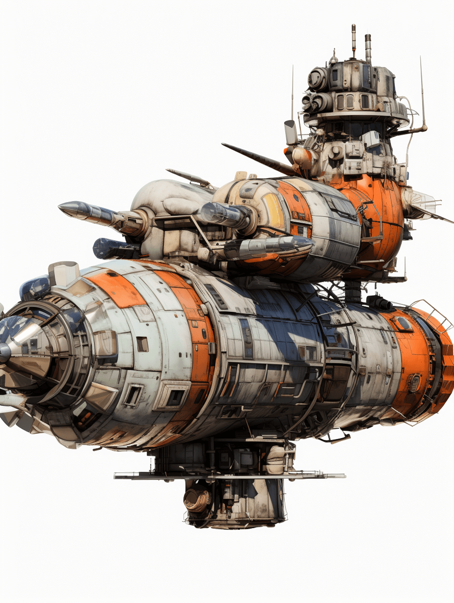 A spaceship with multiple levels and structures, orange white grey blue metallic colors, on an isolated background, in the style of [Studio Ghibli](https://goo.gl/search?artist%20Studio%20Ghibli), concept art illustration in the style of [Craig Mullins](https://goo.gl/search?artist%20Craig%20Mullins), full shot angle