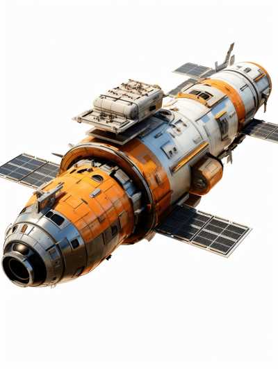 3D render of a space station with solar panels on a white background, with an orange and silver color scheme in the style of a sci-fi style. A game asset design of a low poly model space station shown from a top down view with high resolution textures and high detail with high contrast and no shadows or reflections and no background.