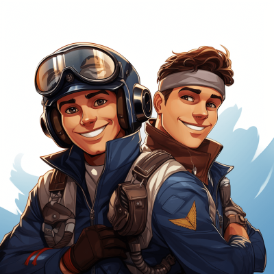 Two happy young men, one with short brown hair and the other in blue pilot gear and aviator goggles, in the style of Fortnite art.