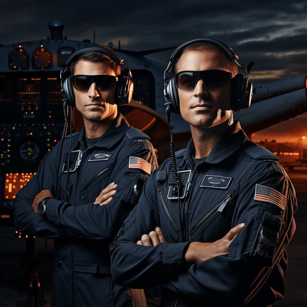 A photorealistic portrait of two male helicopter pilots in black uniforms with sunglasses and headphones standing next to each other, posing for the camera on top of an American military base at night. The background features elements from a modern war environment such as aircraft, helicopters or hangars. Shot in the style of Nikon D850 with an 24-70mm f/3.5 lens.