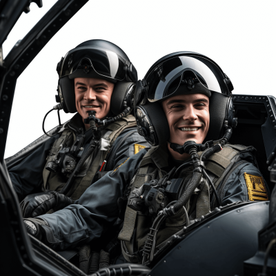 Two smiling men in black pilot's uniforms and helmets sitting side by side inside the fighter jet, against a white background, in a high resolution photograph.