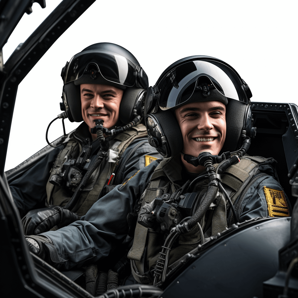 Two smiling men in black pilot’s uniforms and helmets sitting side by side inside the fighter jet, against a white background, in a high resolution photograph.