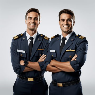 Two handsome men in the same navy blue air force boater uniform with gold accents, smiling and standing side by side on a white background, arms crossed, in the style of photo realistic portrait photography with soft studio lighting and soft shadows, hyperdetailed, shot from a Canon EOS R5 camera.